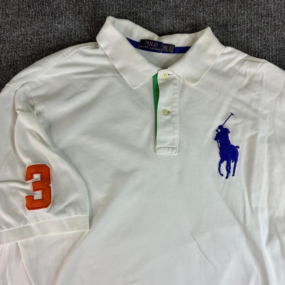 Polo Ralph Lauren Men’s 2XLT Tall White Big Pony Polo Shirt Blue Orange